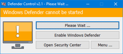 Microsoft Defender error dialog stating Defender cannot be started