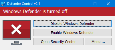 Windows Defender warning banner showing Microsoft Defender Antivirus is turned off